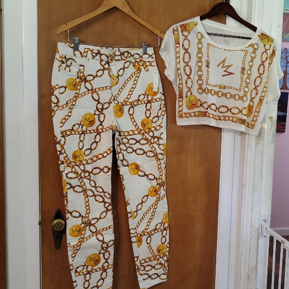 New Stylish Chain Print Women's Skinny Pants And Crop Top Set